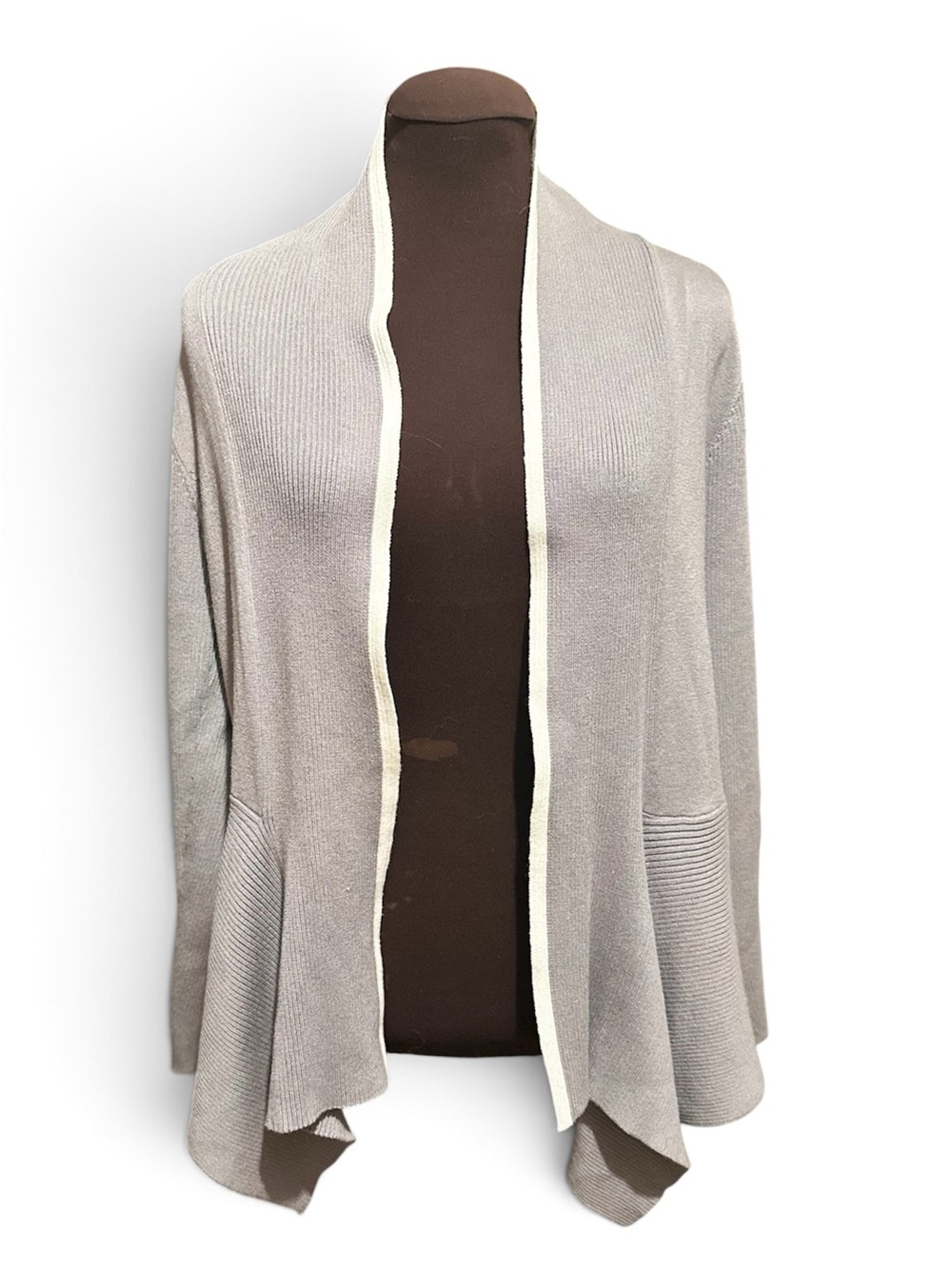 Christopher & Banks Light Gray Open-Front Cardigan with Cream Trim
